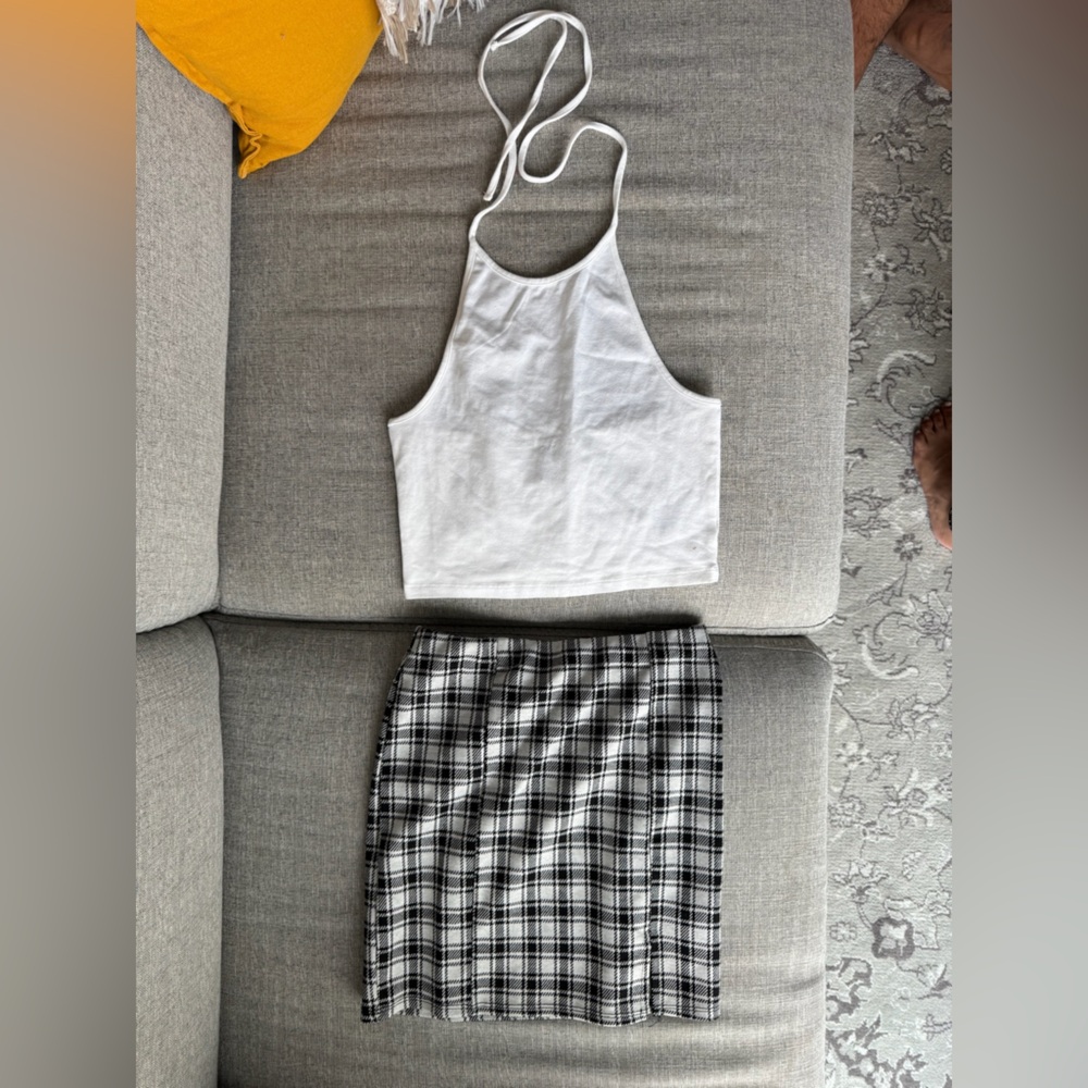 H&M White Crop Top and Plaid Skirt Set